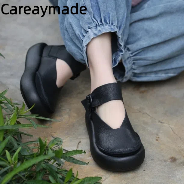 

Careaymade-Genuine leather large head wide toe women's shoes,Top layer cowhide bread sole Mary Jane shoes V-mouth single shoes