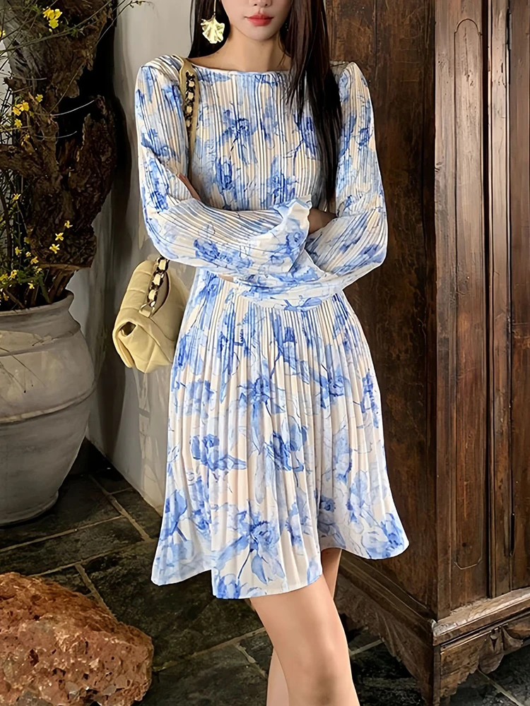 

High Quality Printing Pleated Dresses Spring Women Long Sleeveless O Neck Short Dress Autumn High Waist Pullover A-line Dress