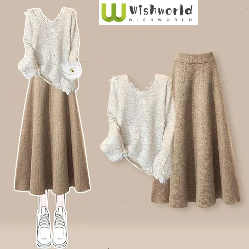 Spring and Autumn Leisure Set Women's Age Reducing Round Neck Knitted Sweater+High Waist Half Skirt Two Piece Set