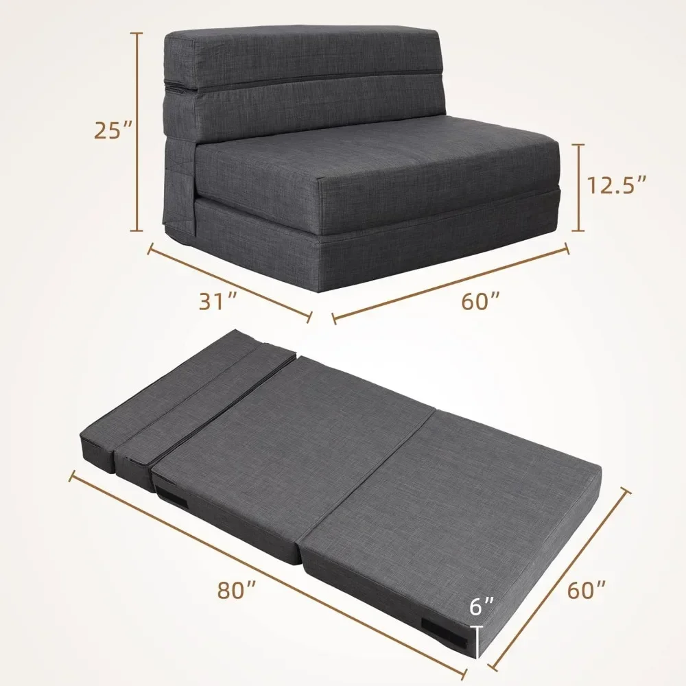 Canapé Pliant Queen Size avec Mousse à Mémoire de Forme, 2 Oreillers, Chaise de Couchage, Canapé Paresseux, Futon Triple, Lits d'Invités Convertible