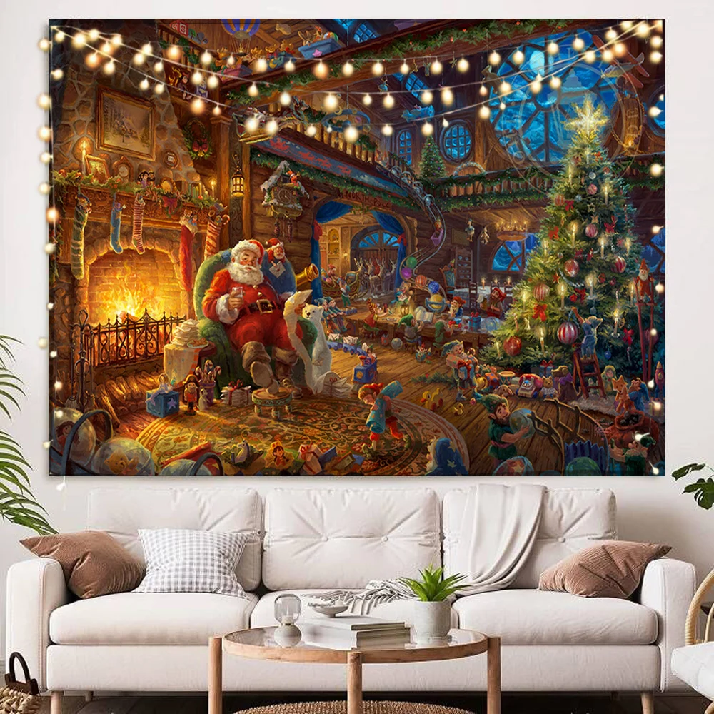 Home Decoration Happy Christmas Scene Christmas Tree Fireplace Candle Tapestry Bedroom Living Room Dormitory Wall Decoration