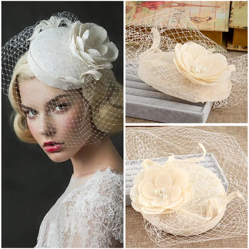 Cappello da sposa in pizzo da donna Vintage fiori in rete velo per il viso Fascinator di perle cappello da foto per feste per occasioni speciali per