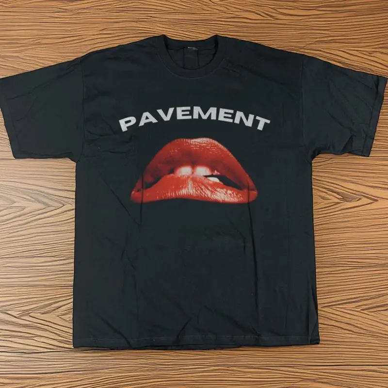 Pavement Band Graphic of Red Lips Unisex Black Cotton T-Shirt
