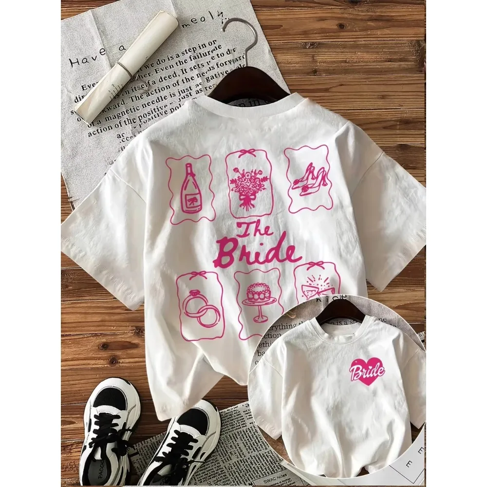 The Bride Pink Cotton Print Graphic T-Shirt Mother Daughter Matching Tee Summer Wedding Party Harajuku White Tops Men Women Kids