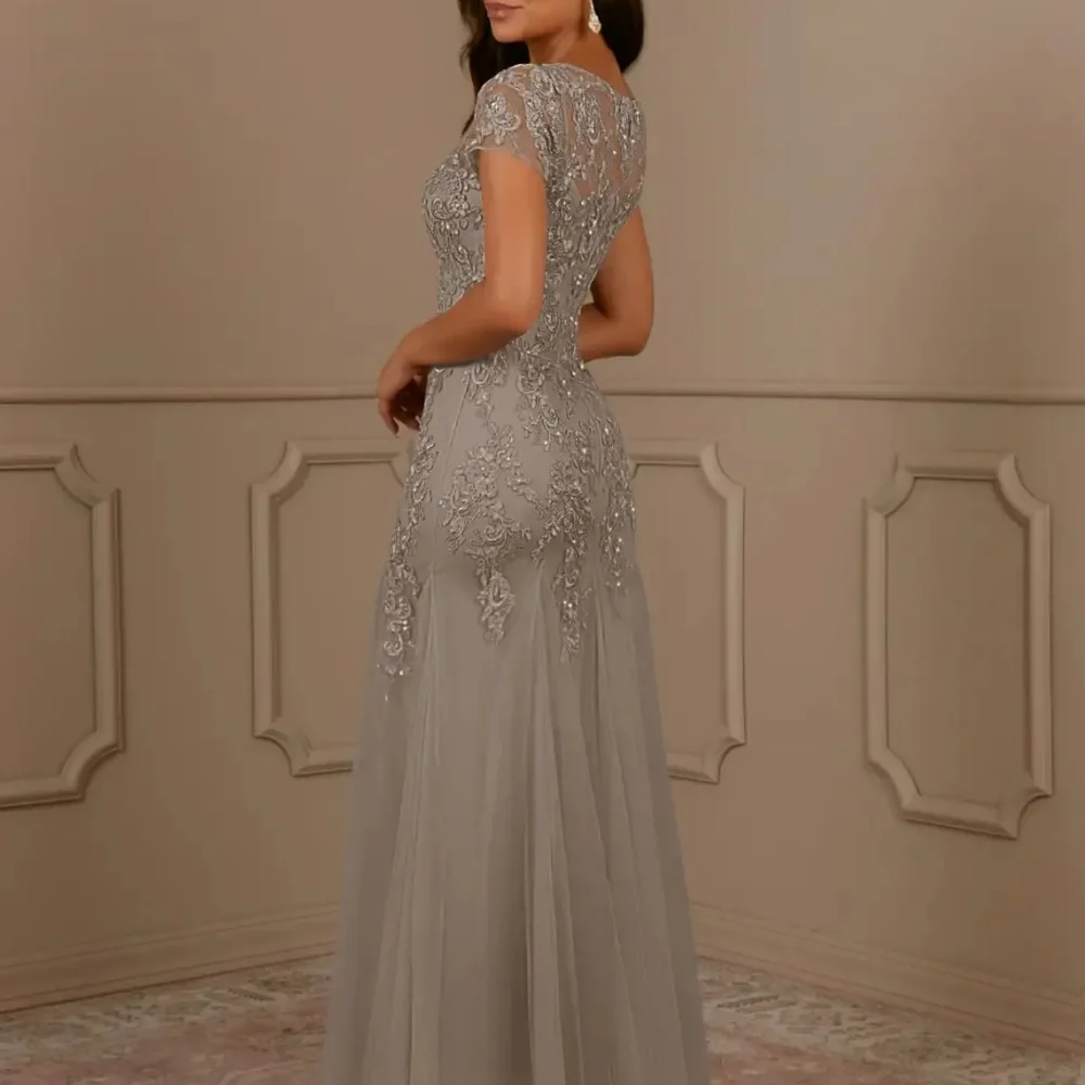 Customized Mother of the Bride Dresses Mermaid Bride Party Dress Tulle Applique Formal Gowns Short Sleeve robes invitée mariagee