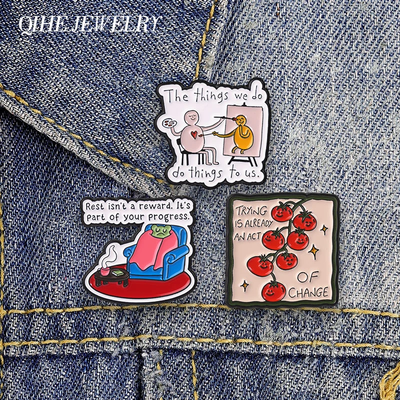Mental Health Motivational Enamel Pin Trying Is Already An Act Of Change Badge Tomato Vine Cozy Frog Brooch Inspirational Badges