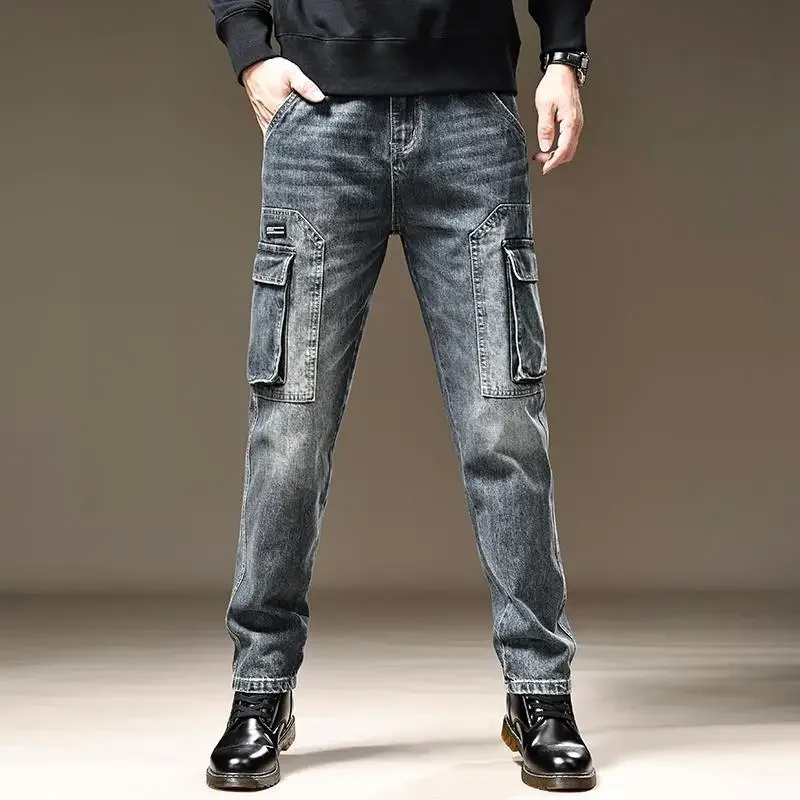 Jeans for Men Straight Male Cowboy Pants with Pockets Trousers Cargo Regular Aesthetic New in Stacked Fashion Trend 2024 ZL446