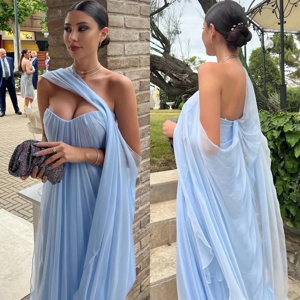 

Customized Soft Blue Chiffon Evening Dress Exquisite Strapless Sleeveless Celebrity Gowns Charming Special Occasion Gowns