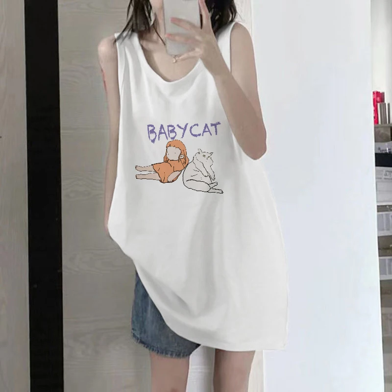 American Retro Pure Cotton Strap Sports Tank Top Sleeveless T-Shirt Women Summer Outdoor Loose Basketball Clothes Upper Body