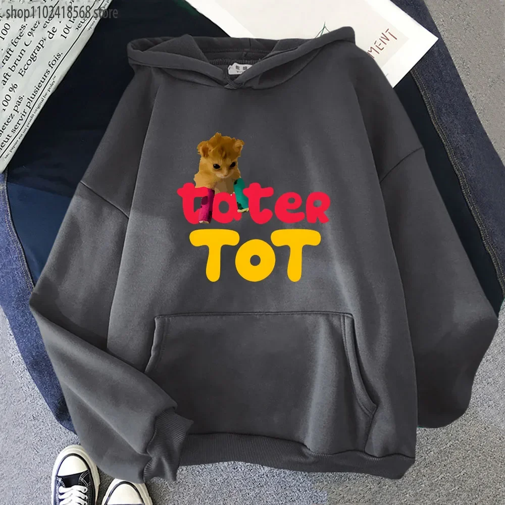 Cute Cartoon Cat Hoodie Tater Tot Sweatshirt Kawaii Animal Print Clothes Autumn Winter Pullover Women Casual Y2k Streetwear Men