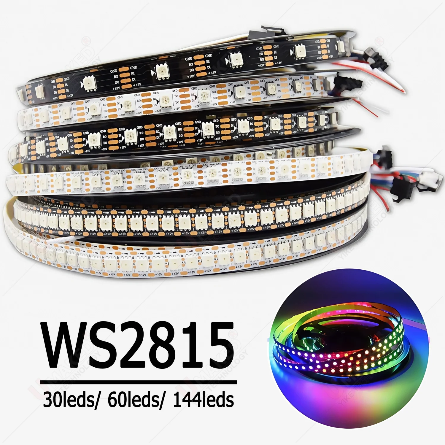 

DC12V WS2815 5050RGB 5m/Roll 30/60/144leds/m Black/White PCB IP30/IP65/IP67 Individually Addressable Smart led pixel strip light