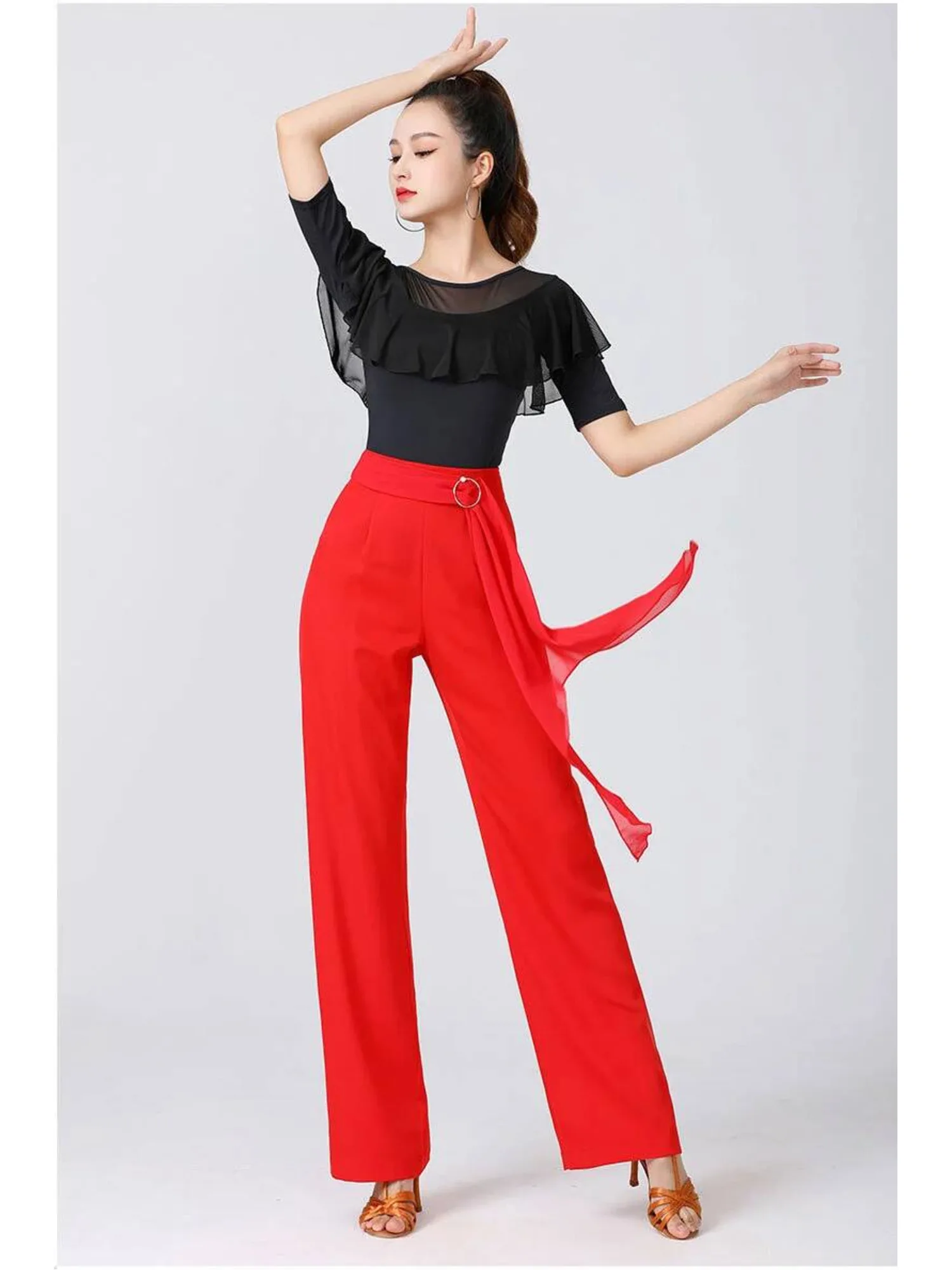 سروال رقص عالي الخصر وواسع الساق مع خصر ربطة عنق - بنطلون متدفق بلون سادة، بنطال جاز فاخر لأداء قاعة الرقص الحديث