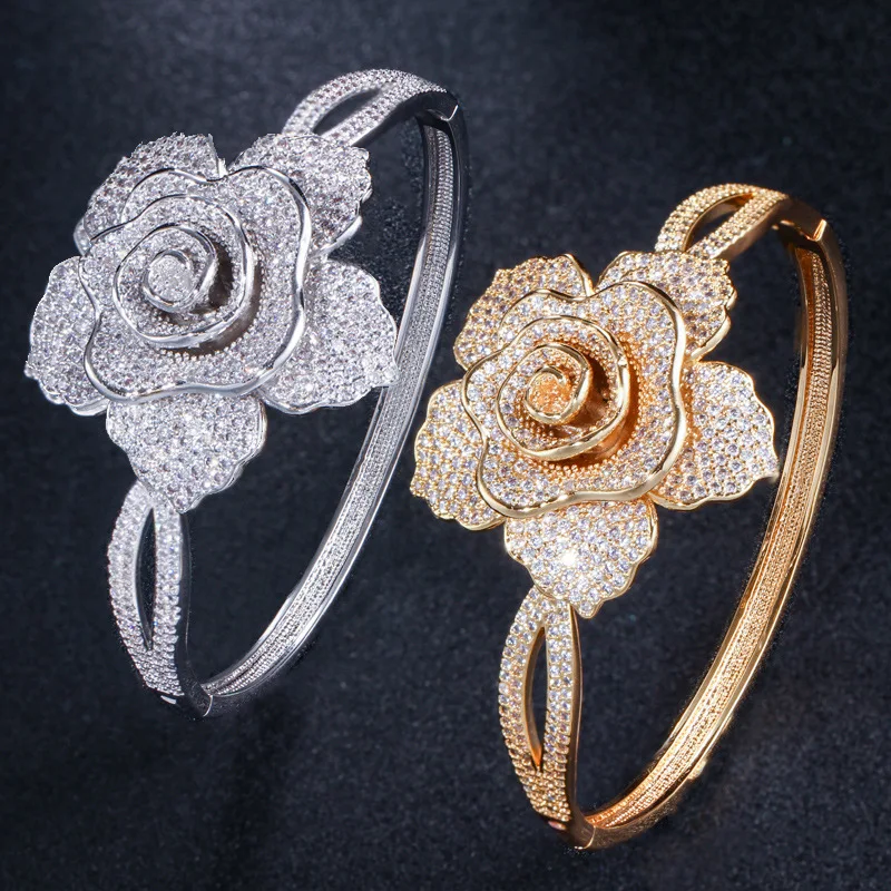 Fashion Creative Flower Bracelet Ultra Shiny Full Diamond Zircon Bangle Jewelry Accessory for Parties And Birthdays