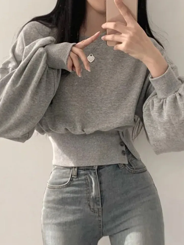 Korean Autumn Chic Solid Hoodies Women Casual O-neck Long Sleeve Y2k All Match Tops New Slim Fit Button Simple 2024 Ropa Mujer