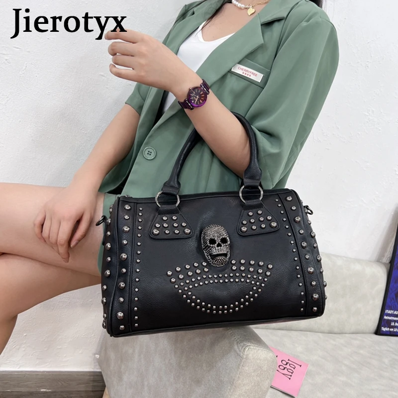 JIEROTYX Trendy Metal Skull Studded Black Handbags Gothic Rivet Womens Purse Satchel Handbag Shoulder Bags Large Capacity