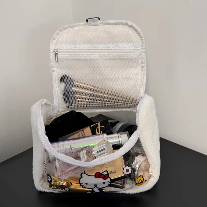 Bonito sanrio olá kitty saco de maquiagem figura dos desenhos animados melodia kuromi viagem portátil saco de armazenamento de cosméticos presentes de pelúcia meninas