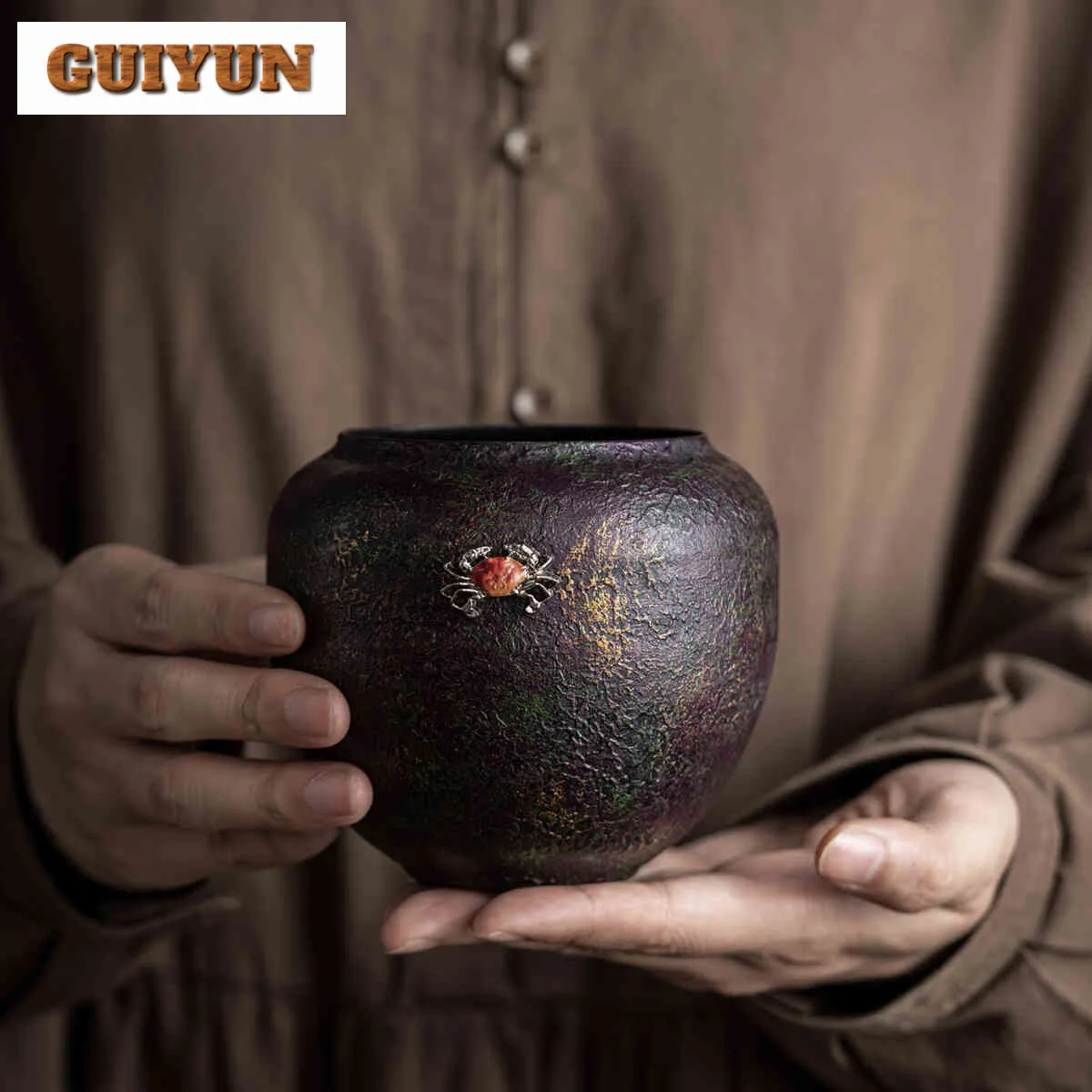 

600ml Large Lacquered Old Iron Jianshui Retro Tea Wash Writing-brush Washer Water Washing Slag Tank Chaxi Supplies Ornaments