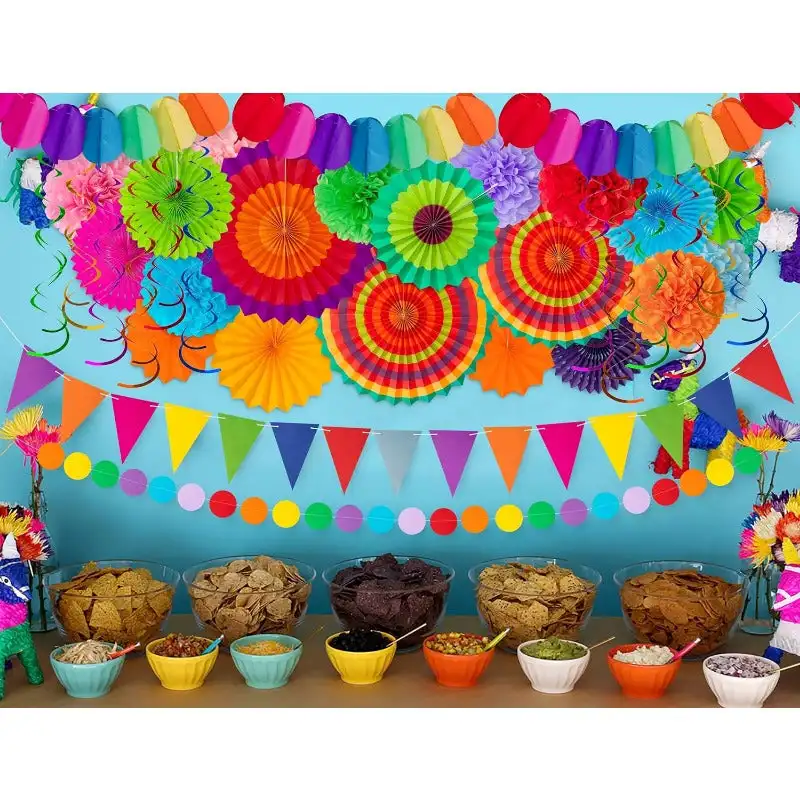 35PCS Fiesta Paper Fan Party Decorations Set Cinco De Mayo Pom Poms,Pennant,Garland String,Banner,Hanging Swirls Decor Supplies