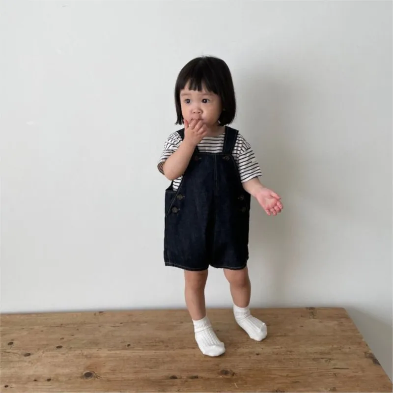 Korean 2024 Summer Fashion Baby Girl Clothes Denim Solid Suspender Trousers Striped Cotton T-shirt Infant Girl Overalls Outfits