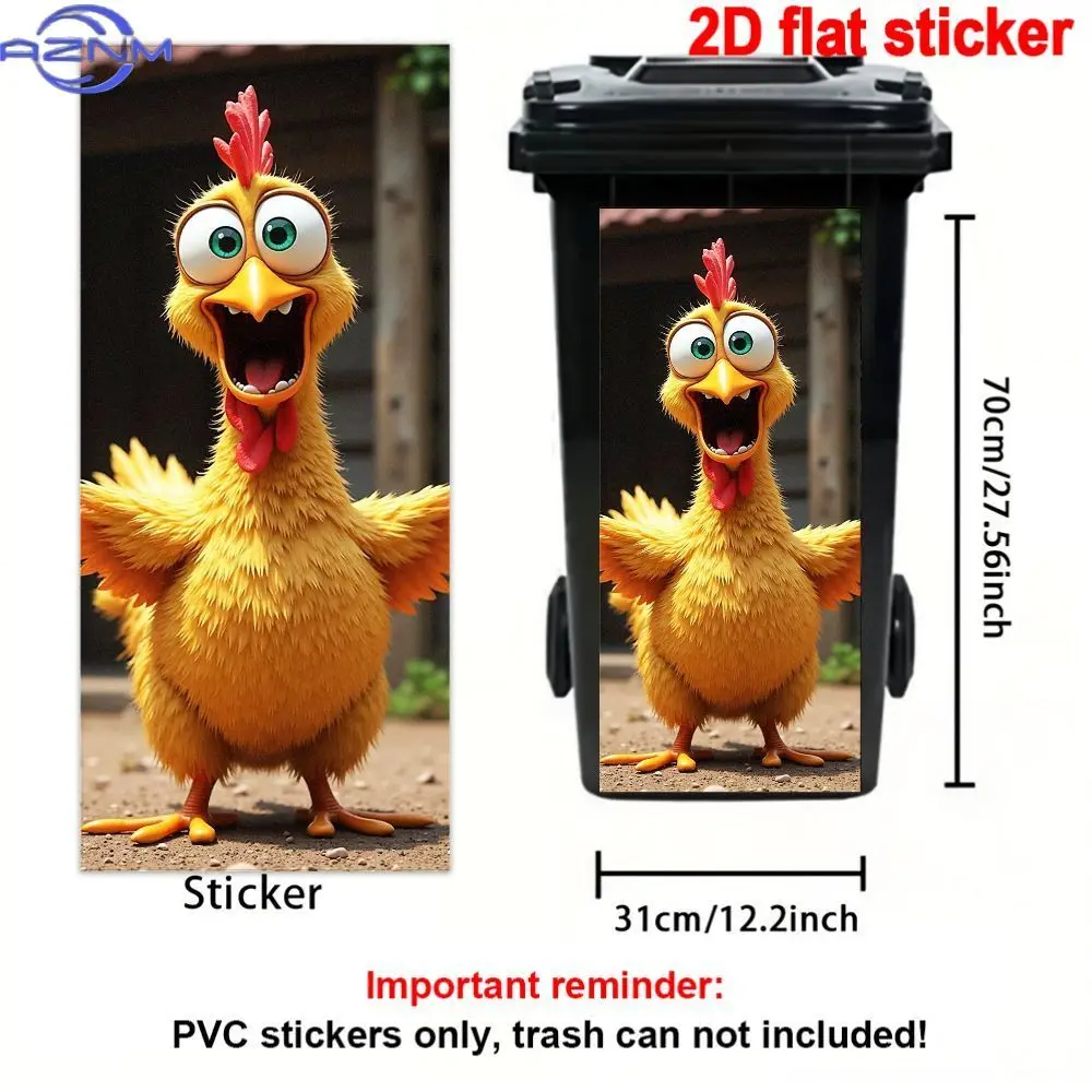 A Single 2D Sticker Featuring a Colorful Cartoon-Style Chicken Trash Can Design, Made of Waterproof PVC. This Funny And Cute C