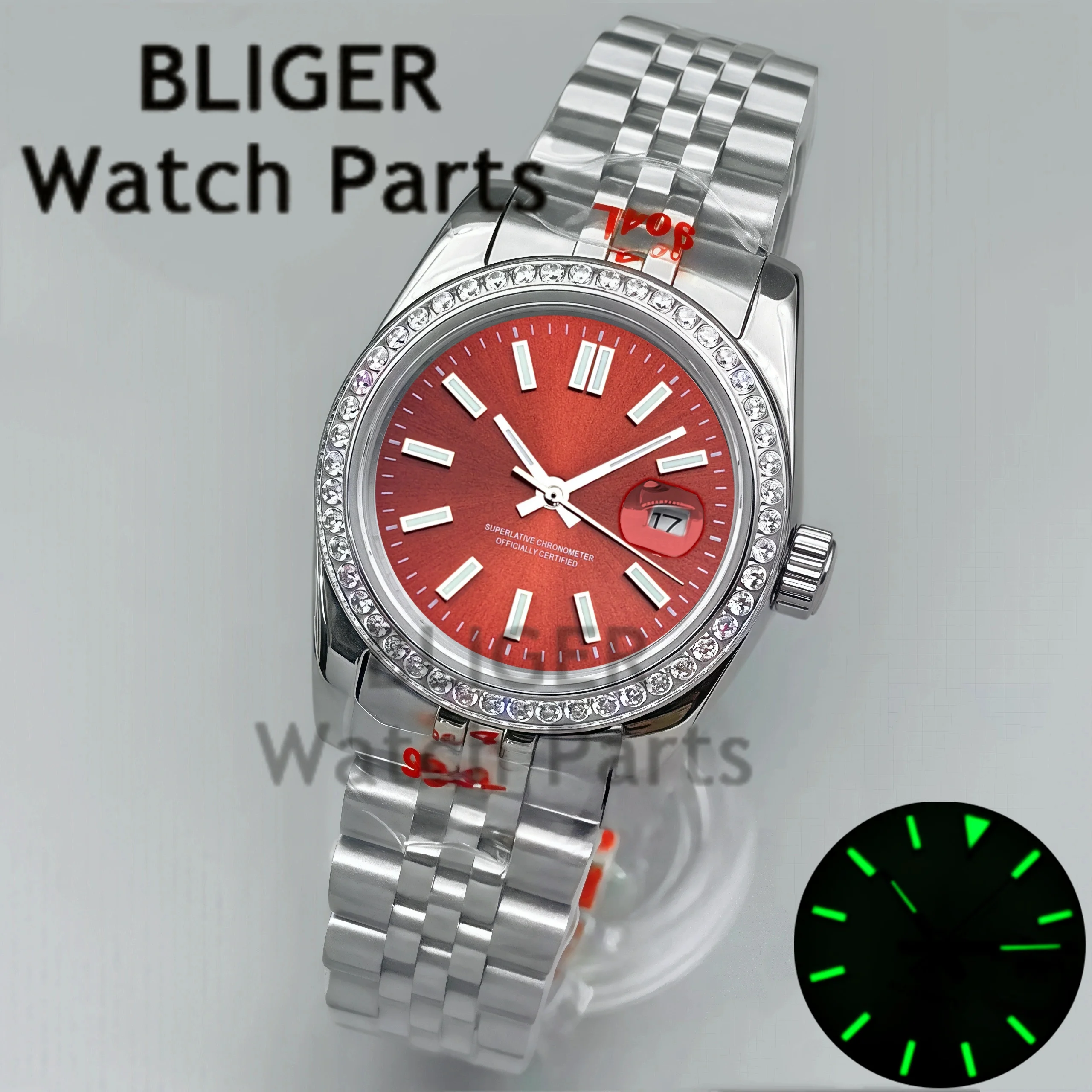 BLIGER 31 مللي متر خاتم غوص ميكانيكي للسيدات ساعة يد فضية وردية قرص فريتيلاري تخزين طاقة مقاوم للماء مع حركة NH05