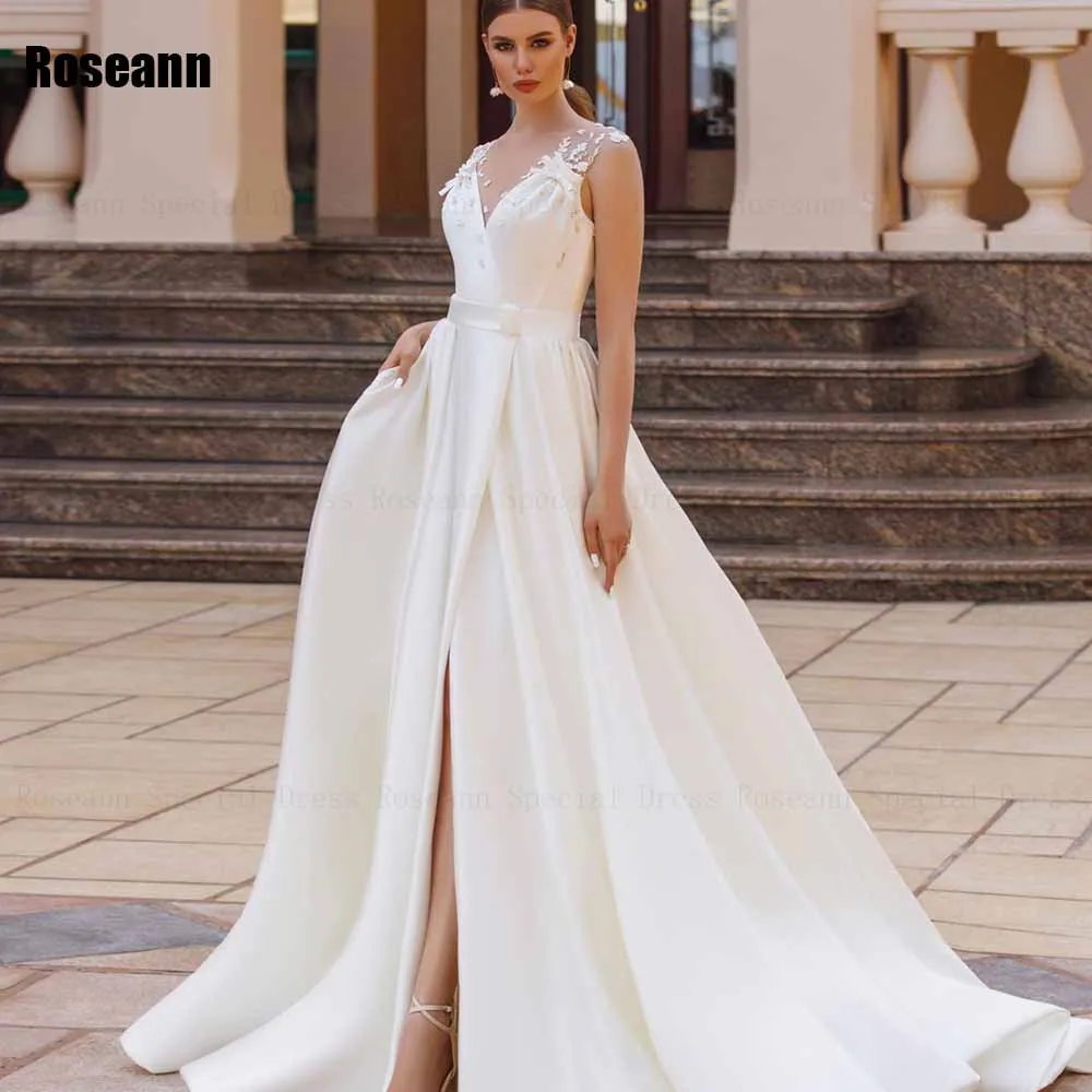 

Ivory 2024 New Design Simple A-line Wedding Dress Sleeveless Front Split Open Back Bride Dresses Floor Length robe de mariée