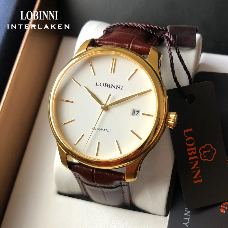 LOBINNI New Men's Classic Mechanical Watches Business Waterproof Clock Luxury Brand Genuine Leather Automatic Watch