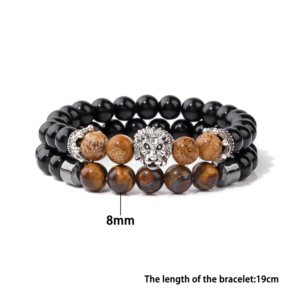 Silver Color Lion Head Bracelets For Men Black Onyx Tiger Eye Stone Beads Bangles Crown Charm Bracelet Fashion Jewelry Plusera image 3
