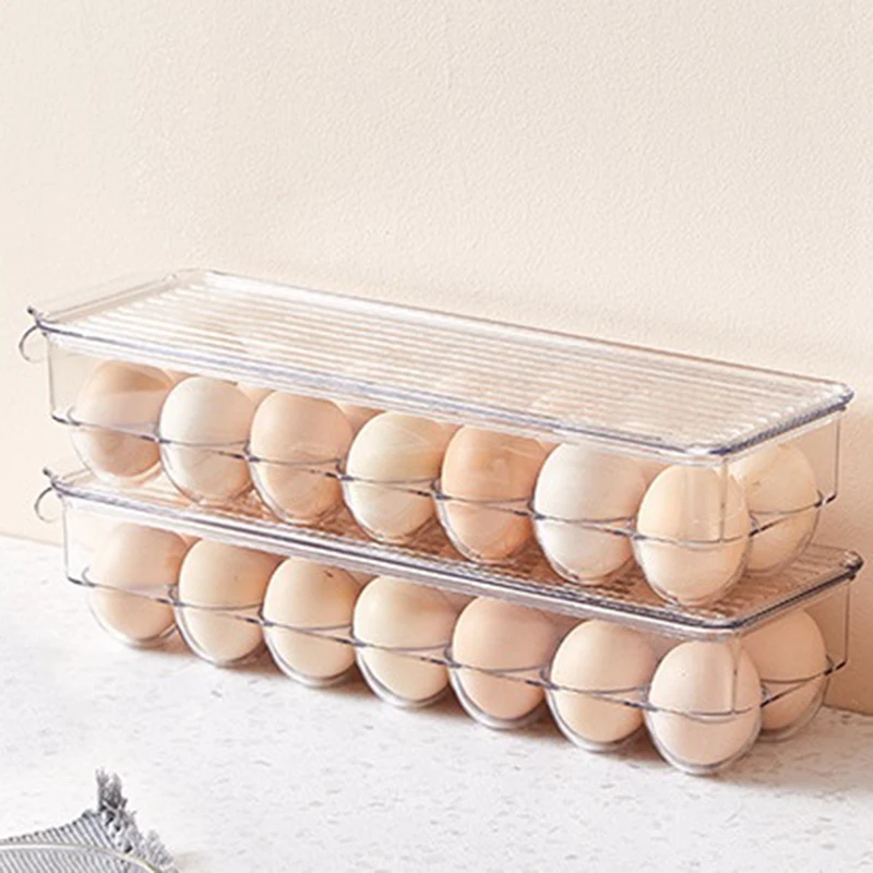 Clear Plastic Egg Holder - 14 Egg Tray Holder - Free Fridge Organizer With Lid, Refrigerator Storage Container Easy To Use