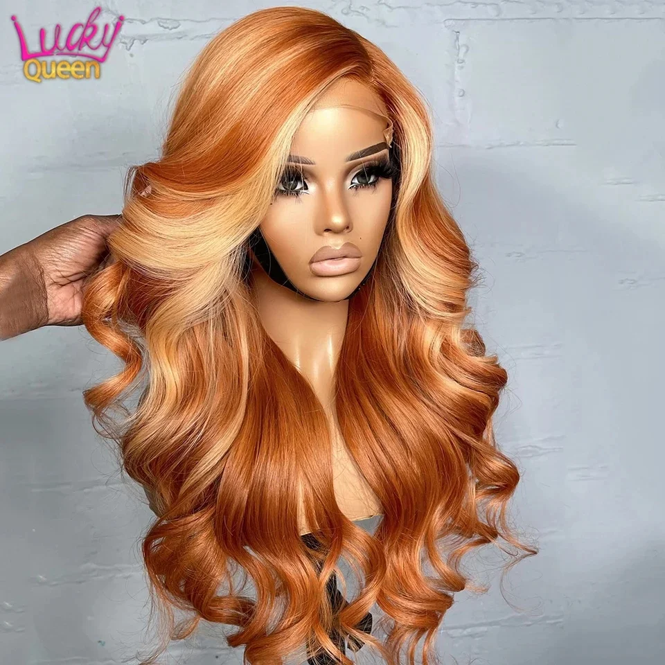 

Ginger Orange Wig with Blonde Highlights Lace Front Wig Human Hair 13x4 Transparent Lace Front Human Hair Wigs Body Wave 180%