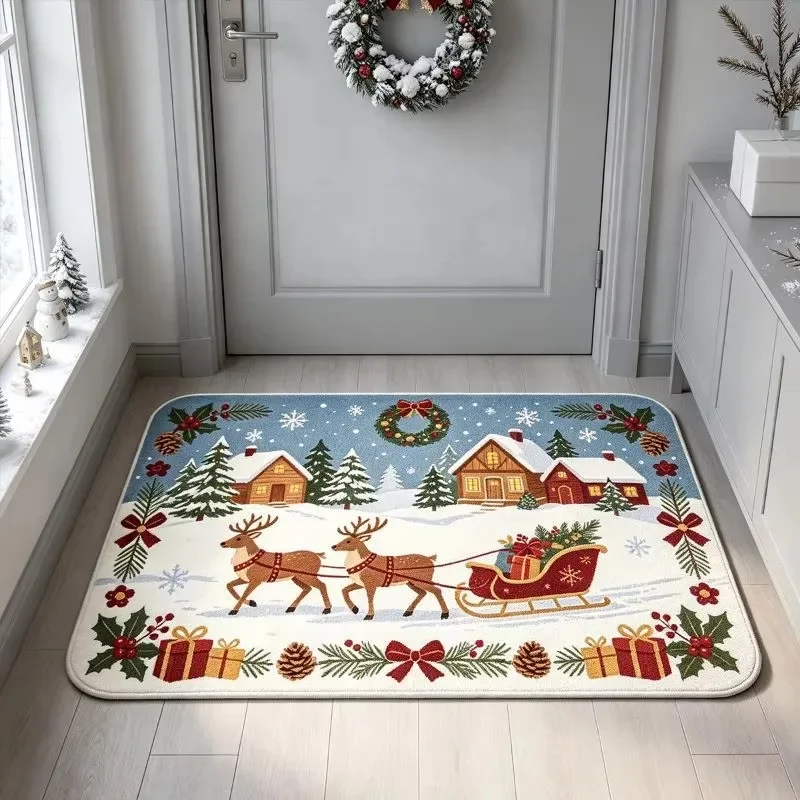 Winter Christmas Floor Mat Reindeer Pulling Gift Sleigh Snow Town Pinecone Bow Pattern Decorative Front Door Doormat