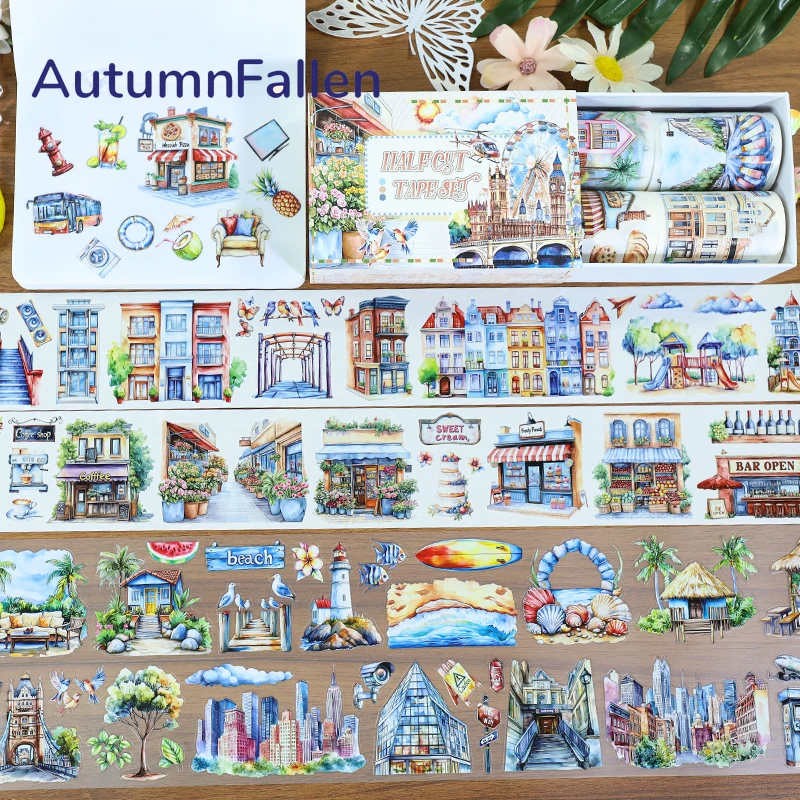 4Pcs/Set Matte Beach PET Washi Tape Pre-Cut Urban Architecture Masking Tape for Stickers Scrapbooking Journal Collage Material