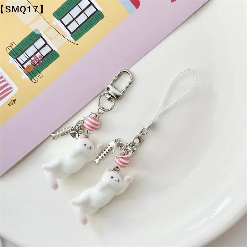 Cute Flocking Cat Phone Lanyard Strap Kitten Keychain Pendant Anti Lost Phone Chain Bag Ornament Cell Phone Fish Charm Gift【SMQ】