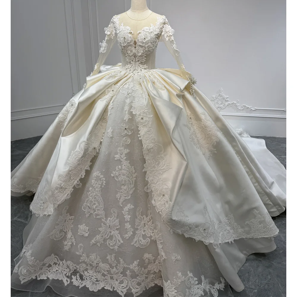 

Свадебное платье 2026 года с круглым вырезом, длинными рукавами, аппликациями из пуговиц и жемчугом, на заказ (Vestido Novias)