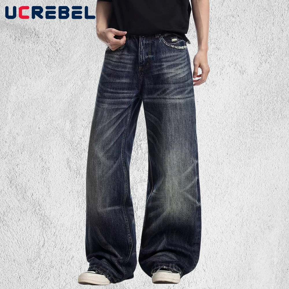 

Мужские рваные джинсы-карго с широкими штанинами, прямые, в стиле High Street, с эффектом потертости, из денима