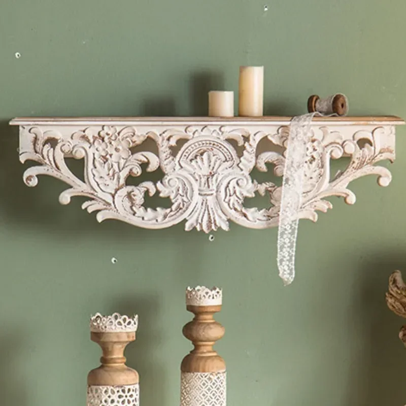 Vintage Carved Wall Hanging Storage Shelf Rustic Country Homestay Decor Creative French Bedroom Wall Organizer