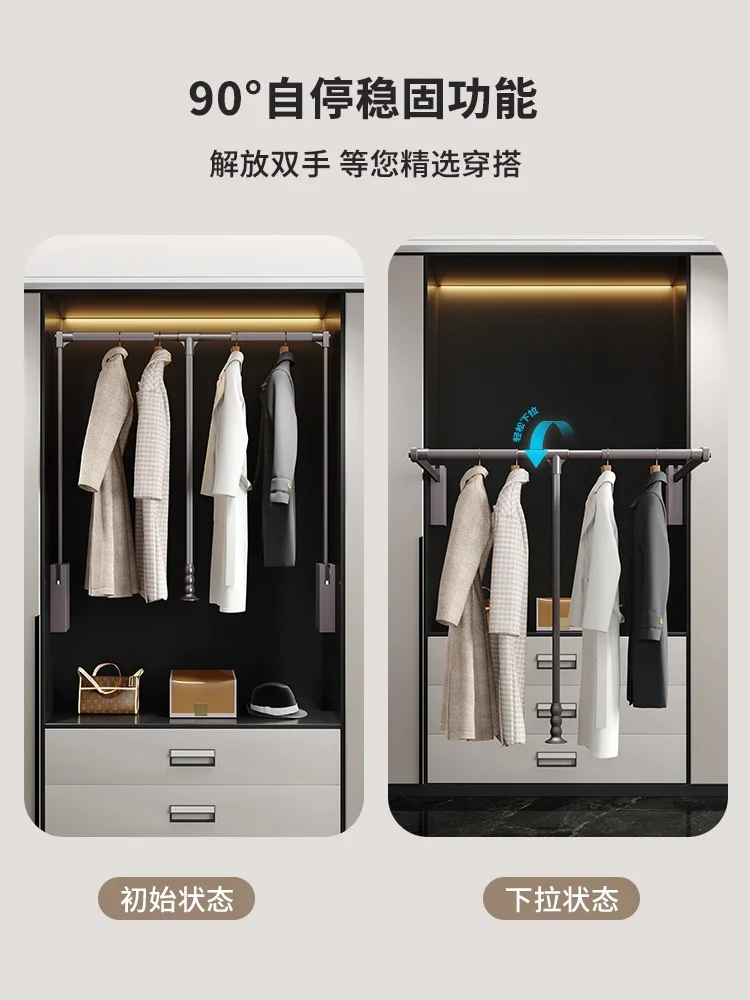 Pull-down clothes rail, cloakroom, wardrobe, retractable clothes through pull rod, double buffer cabinet, lifting pull-down