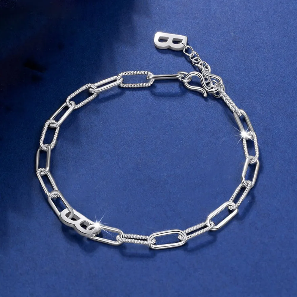 

Real Pure Platinum 950 Chain Women Letter B Long Square Cable Link Bracelet 8.5-8.7g