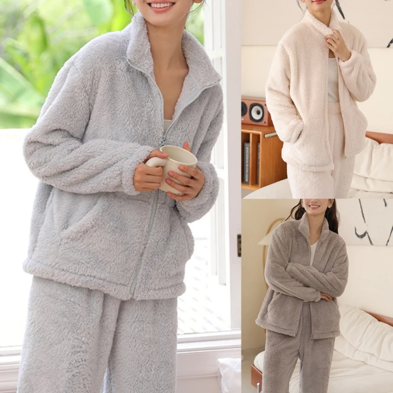 Womens Long Sleeve Winter Warm Furry Fleece Pajamas Pyjamas Sets Warm Fleece Loungewear Ladies Pajamas Set