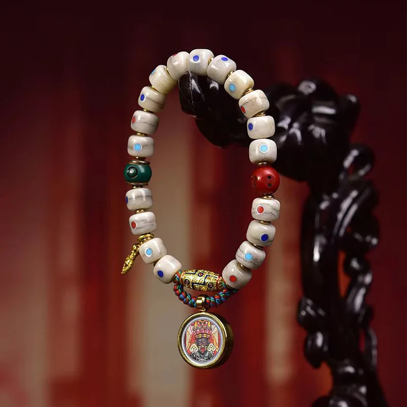 Backflow Bone Multi-Treasure Inlaid Bead Bracelet Single Circle Green Tara Small Thangka Gawu Box Pendant Cultural B