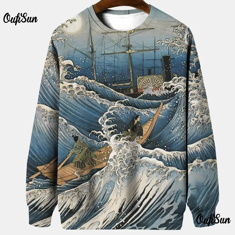 Japanese Ukiyoe Sweatshirt For Men Long Sleeve T-Shirt O-Neck Pullover Oversized Spring Clothing Thin Casual Men\'s Hoodies 2024