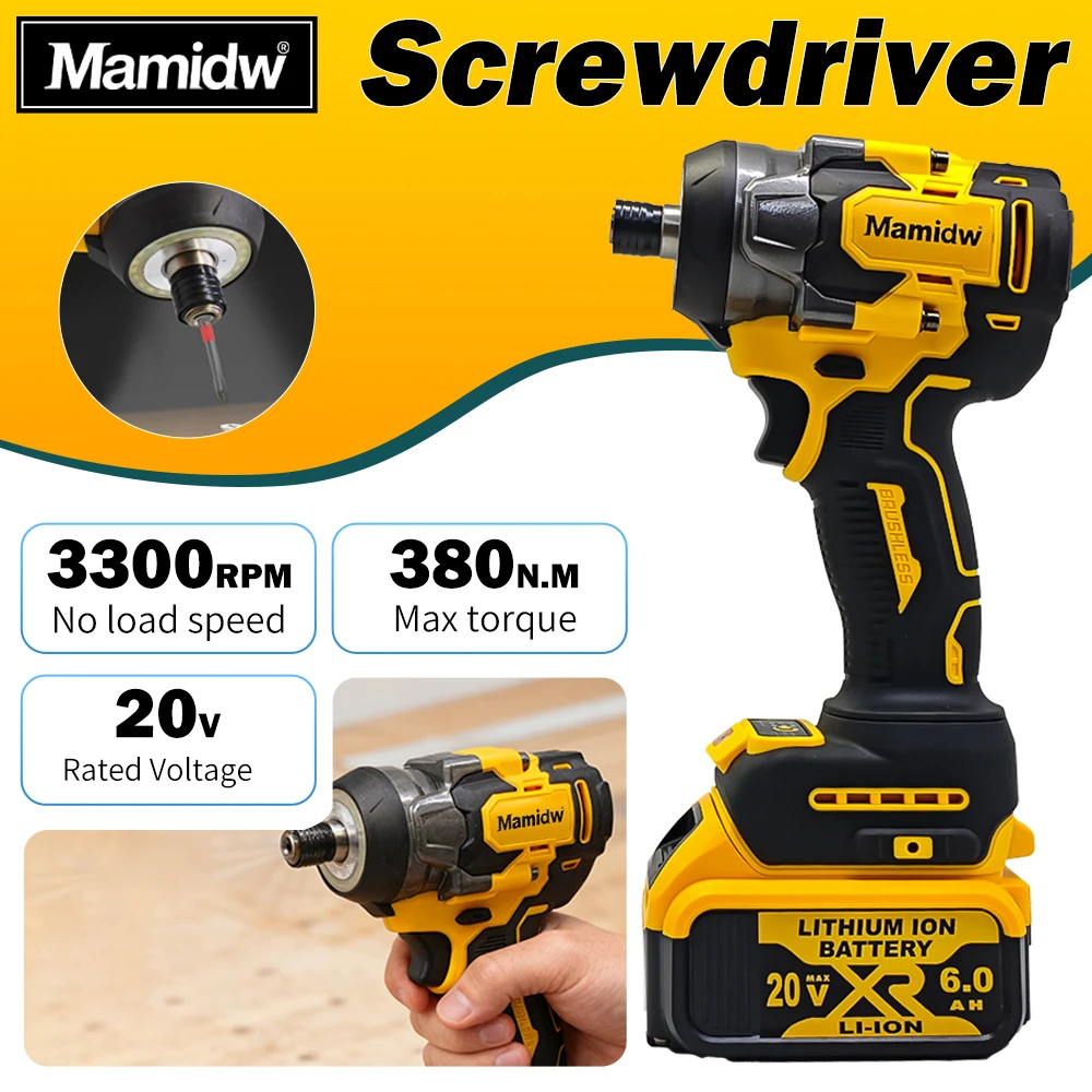 

Mamidw 380N.m Impact Driver, 3‑Speed 3300RPM Cordless Screwdriver with LED Light, 1/4" Hex Shank, Tool Only for DEWALT 20V