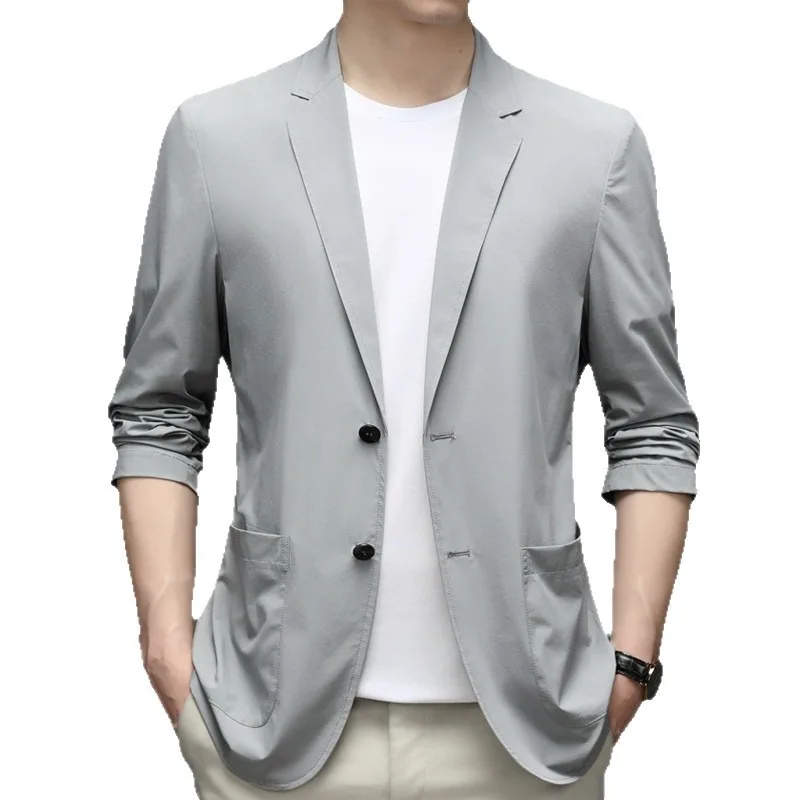 Men Lightweight Ice Silk Blazer Solid Color Breathable Casual Suit Jacket Summer Sun Protection Outerwear