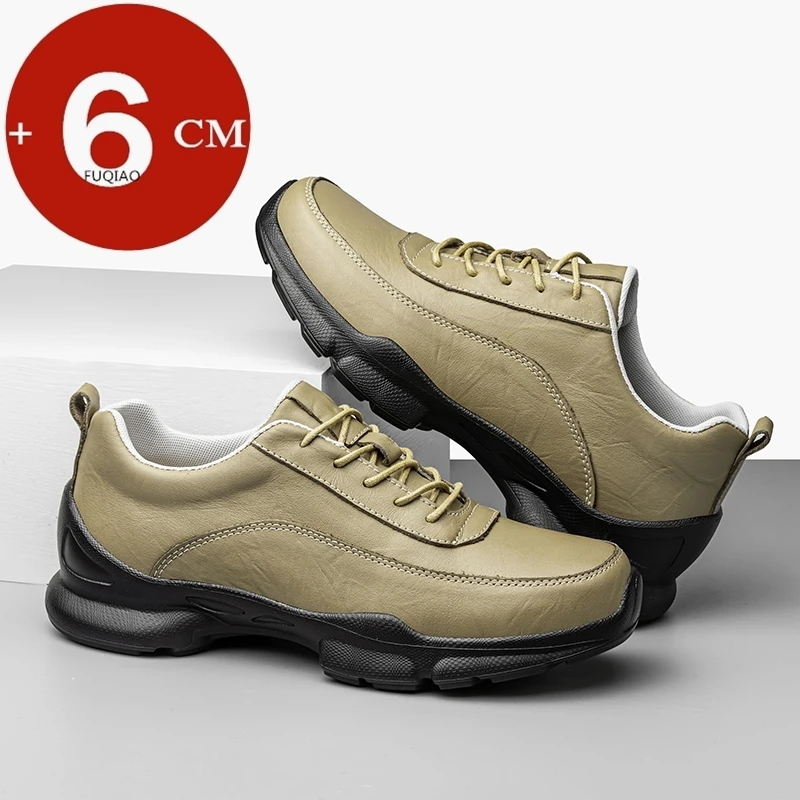 Men Women Elevator Shoes 6Cm Hidden Height Increasing Leather Sneakers Lace Up Casual Sports Comfortable Thick Sole Taller Shoes