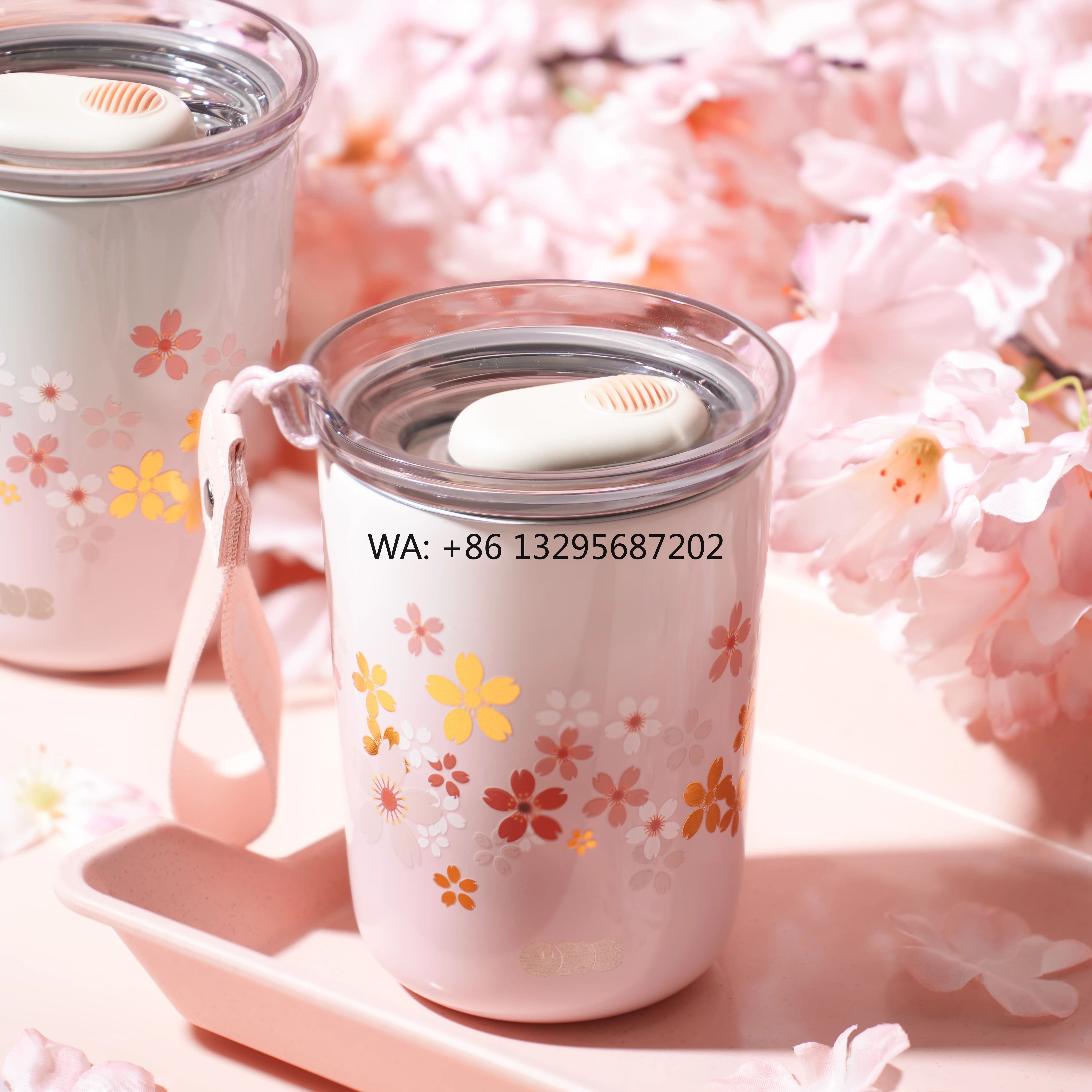 

Custom 12oz Insulated Women's Adorable Spring Sakura Travel Lightweight Coffee Mug Stainless Steel Eco-Friendly Push Button Lid
