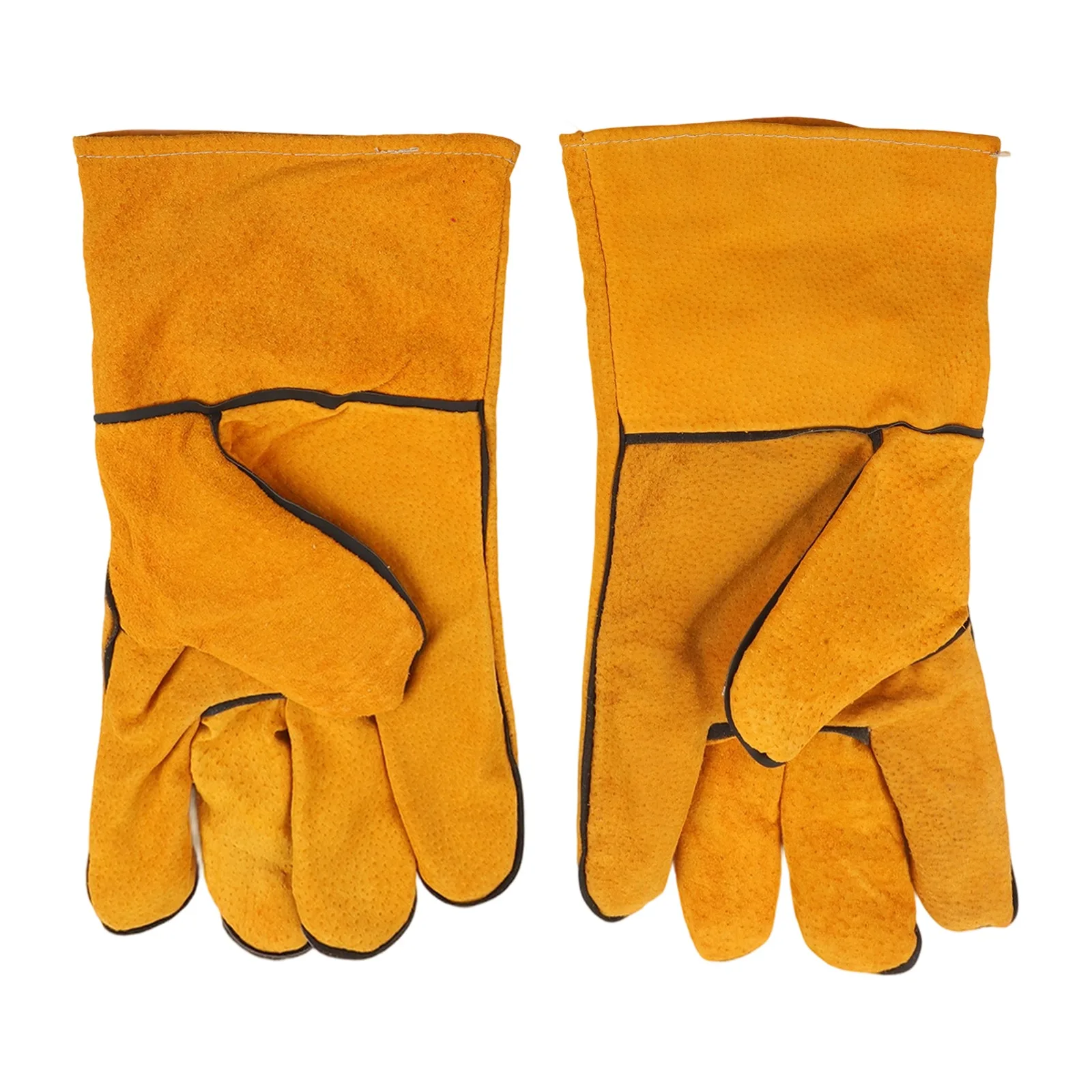 Leather work gloves with flame retardant properties made of cowhide for welding metal fabrication and heavy manual labor tasks