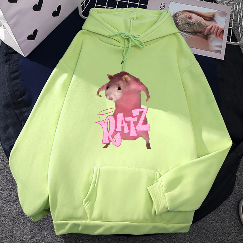 Ratz Pink Mouse Print Hoodies Kawaii Cartoon Hooded Sweatshirt Streetwear Mens Autumn/Winter Fleece Pullovers Pocket Male Hoody