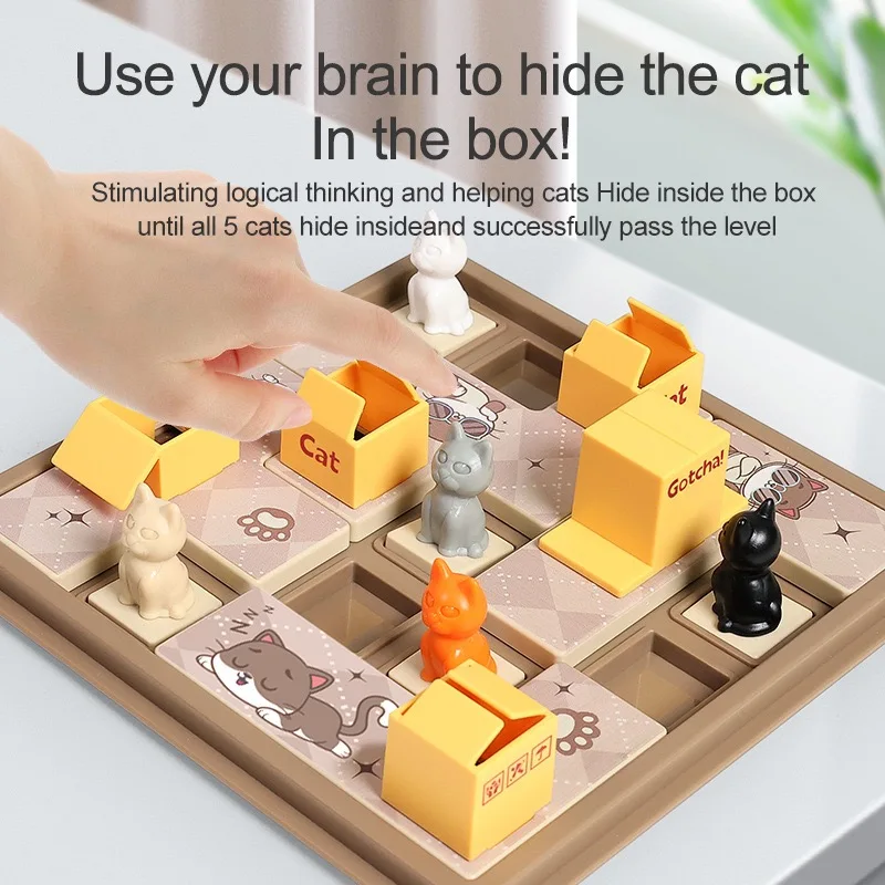 Jeu de société cache-cache. Un jeu de logique éducatif pour enfants appelé "Hide the Cat in the Express Box". Jeux parent-enfant.