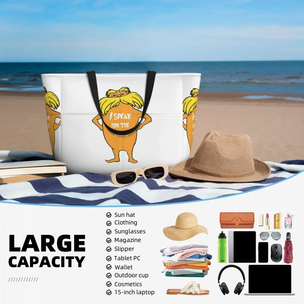 กระเป๋าโท้ทลาย Lorax I Speak For The Trees น่ารัก กระเป๋าชายหาด กระเป๋ากีฬา กระเป๋าโยคะ กระเป๋าเดินทางขนาดใหญ่สำหรับผู้หญิง กระเป๋าฟิตเนส