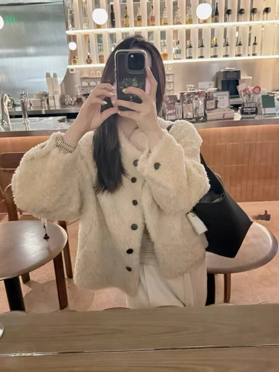 

Women's ort Wool Jaet Loose Fit Warmth Slimming Fur Leather Inteated Casual Sle Long Sve Stand Collar